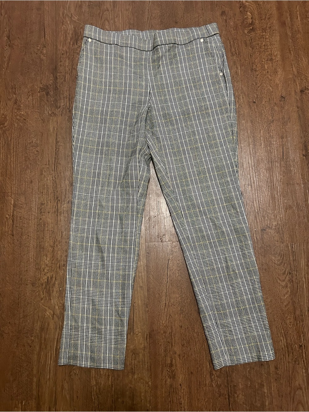 Anne Klein Womens Large Gray Plaid Straight Leg Pants Yellow Check Work Trousers